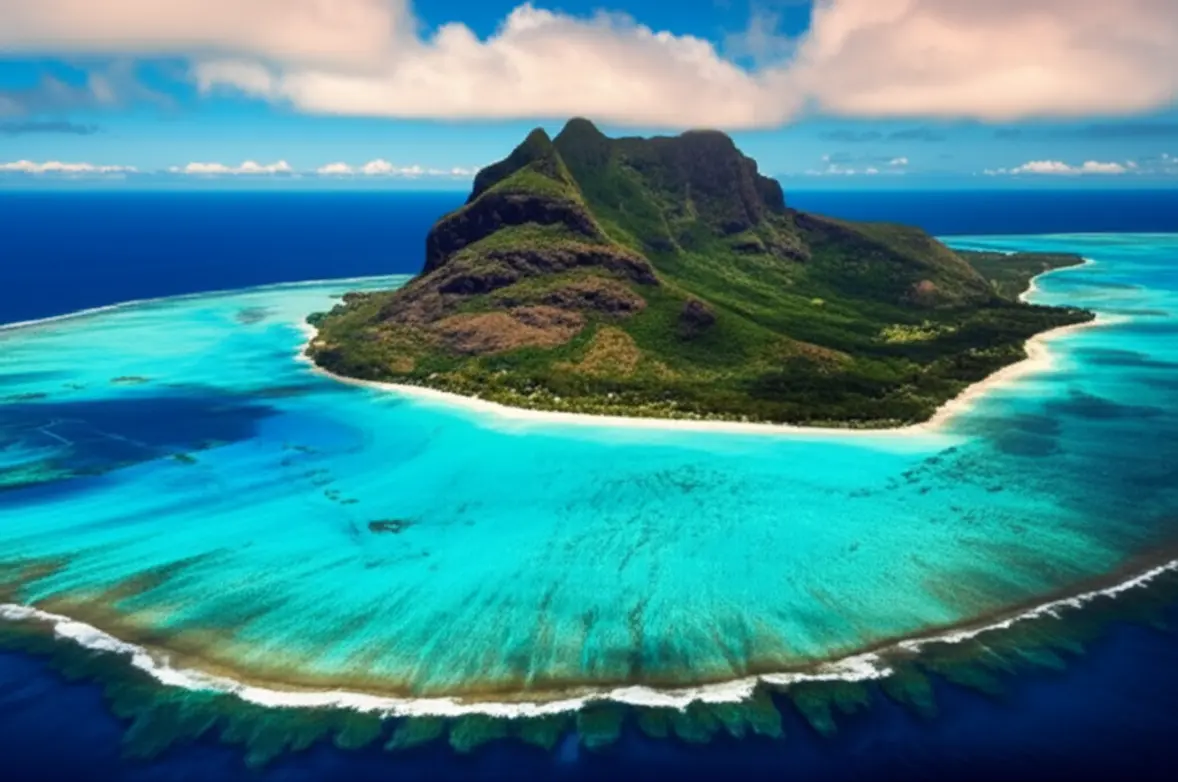 Vista aérea da montanha Le Morne Brabant e do mar cristalino da Ilha Maurício.