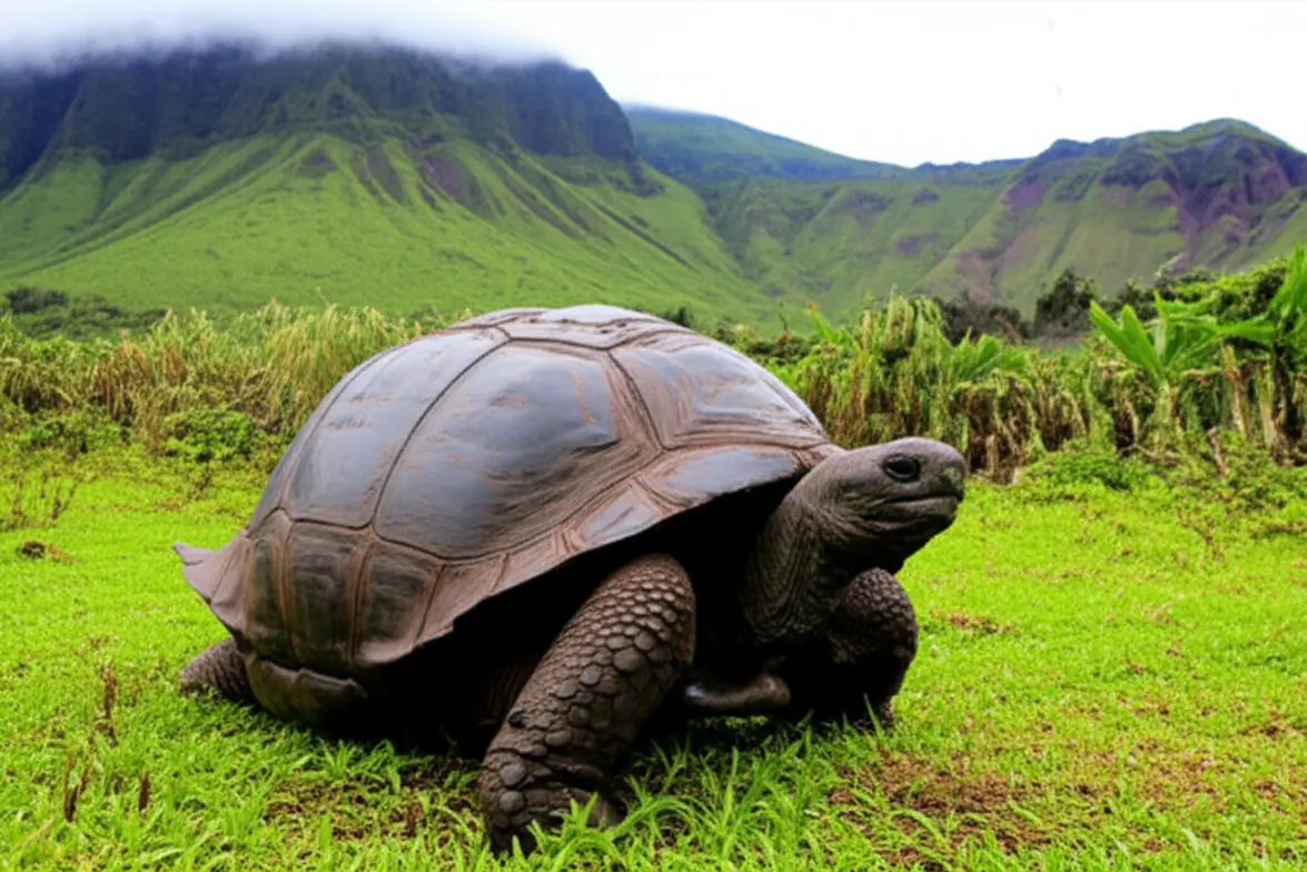 Tartaruga gigante das Galápagos em campo verde com vulcão ao fundo.