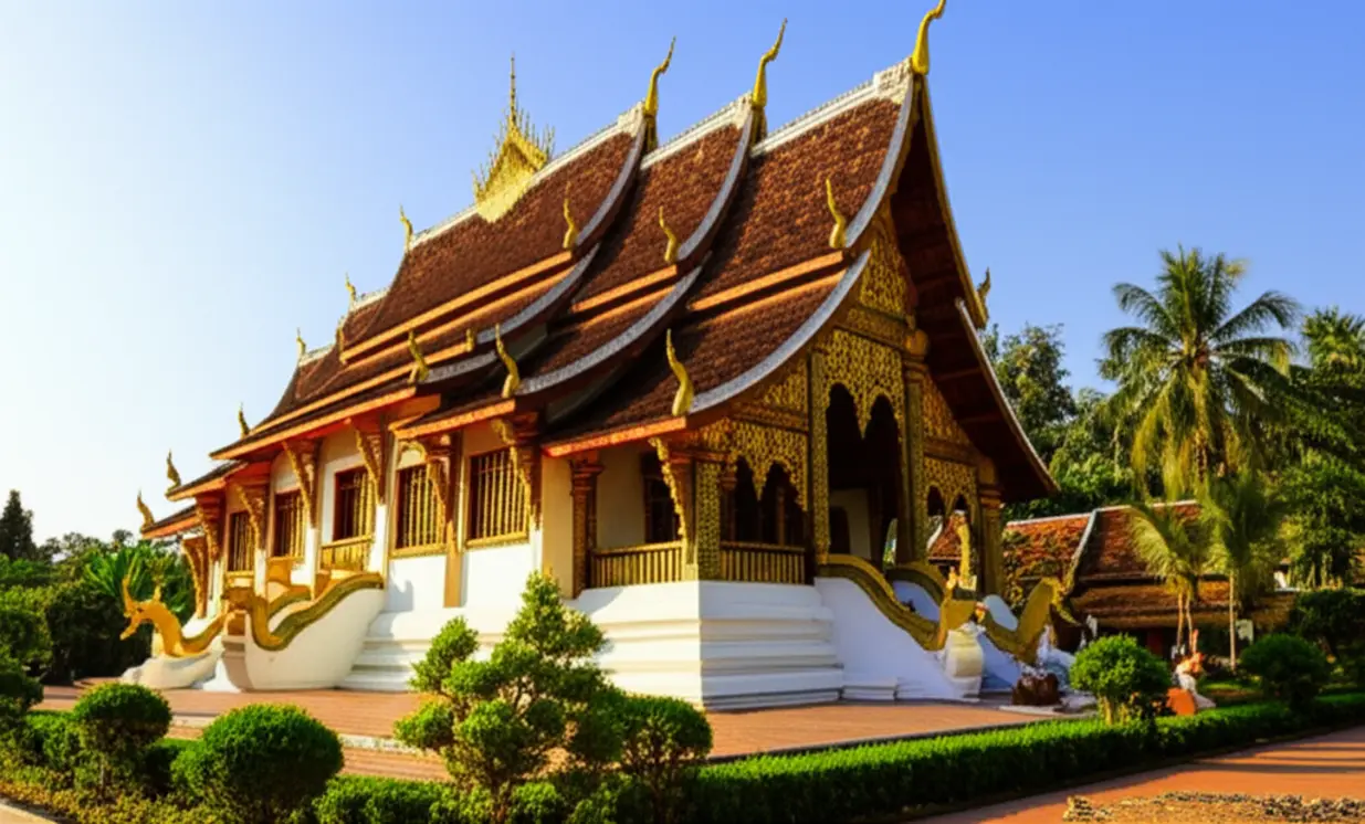 Vista panorâmica do templo Wat Xieng Thong em Luang Prabang sob luz dourada.