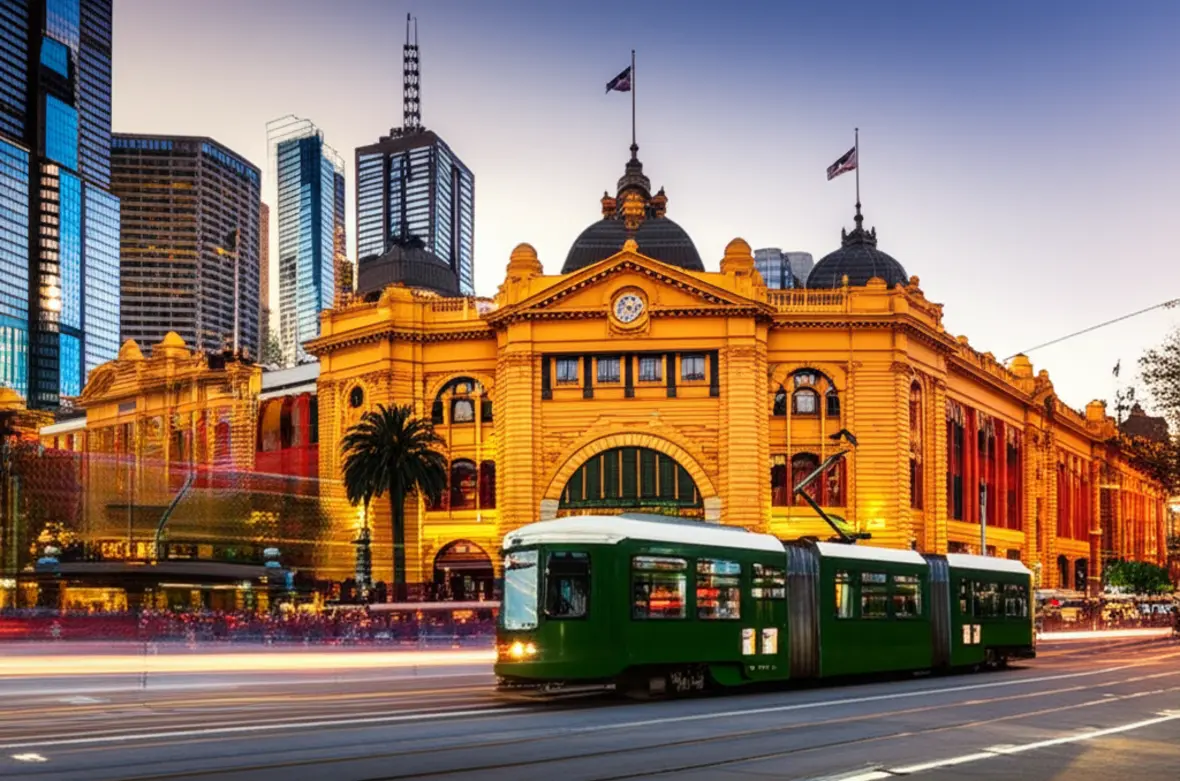 Fachada da Flinders Street Station em Melbourne com um bonde passando à frente.