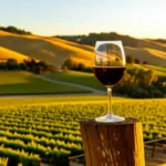 Vista panorâmica dos vinhedos de Napa Valley com uma taça de vinho tinto em primeiro plano.