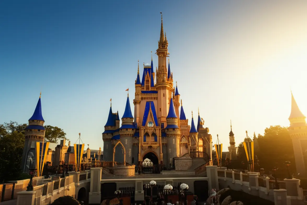 O Castelo da Cinderela no Magic Kingdom sob uma luz mágica de nascer do sol.