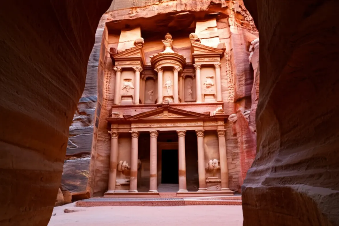 Fachada do Tesouro em Petra vista através do desfiladeiro do Siq.