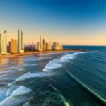 Panorama aéreo da península de Punta del Este no pôr do sol.