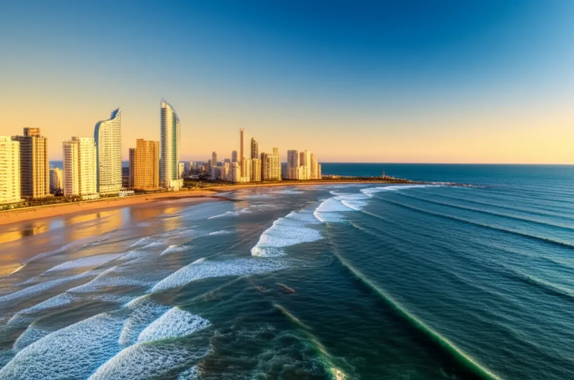 Panorama aéreo da península de Punta del Este no pôr do sol.