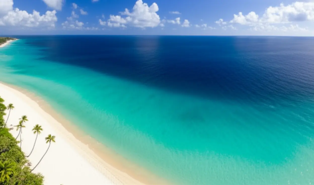 Vista panorâmica do Mar de Sete Cores em San Andrés, com tons de azul e turquesa.