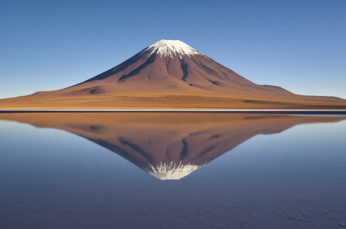 O imponente Vulcão Licancabur refletido em uma lagoa no Deserto do Atacama ao pôr do sol.