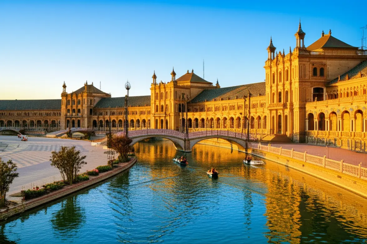 Vista majestosa da Plaza de España em Sevilha durante o pôr do sol.