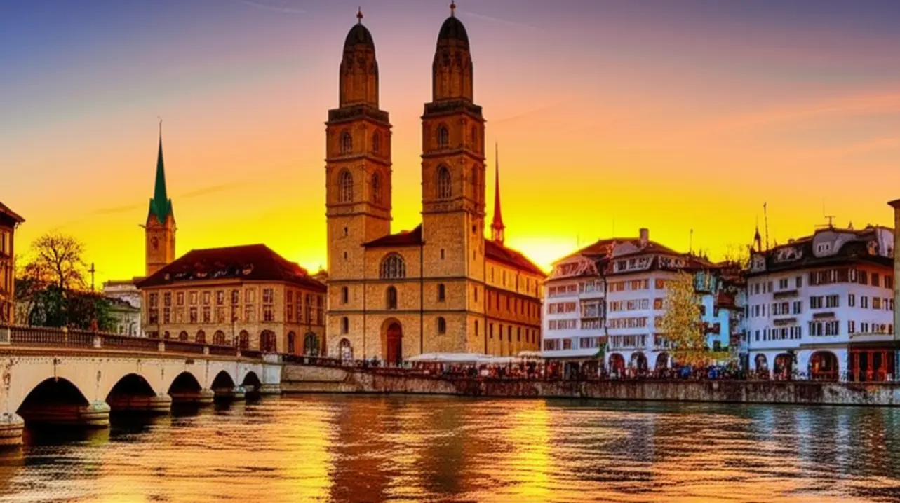 Vista icônica da cidade de Zurique com o Rio Limmat e as torres das igrejas principais ao pôr do sol.