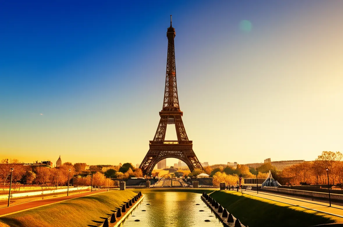 Torre Eiffel em Paris durante o pôr do sol vista do Trocadéro.