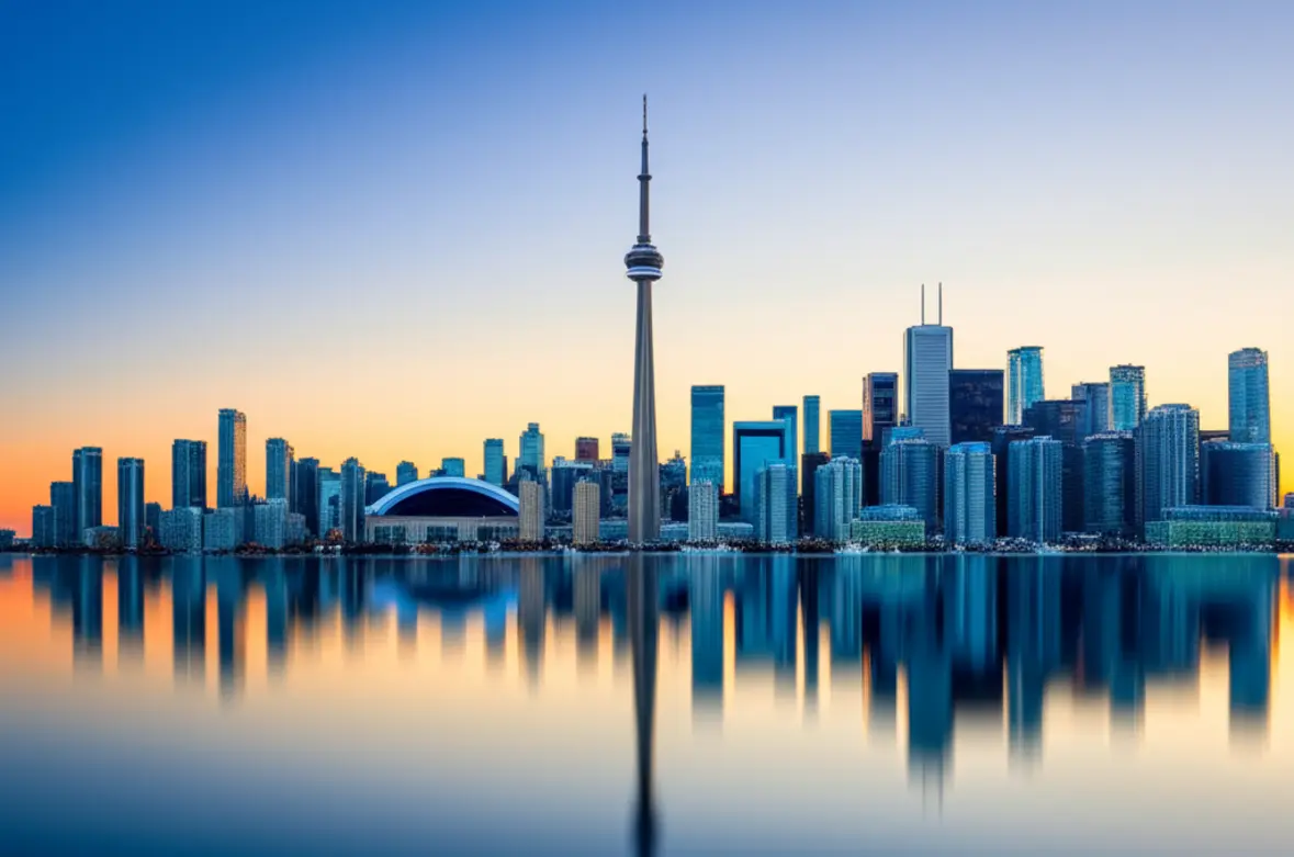 Skyline de Toronto com a CN Tower em destaque durante o pôr do sol dourado.
