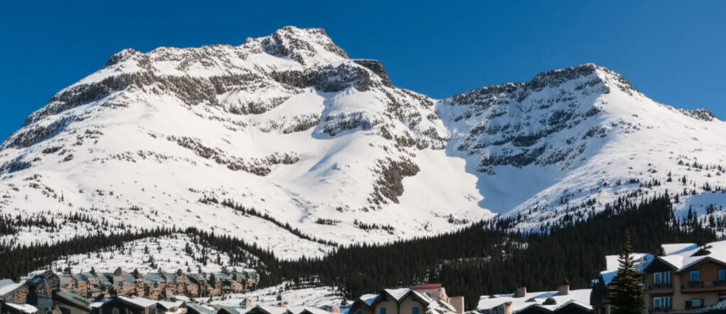 Vista panorâmica das montanhas nevadas e do vilarejo de Whistler, Canadá.