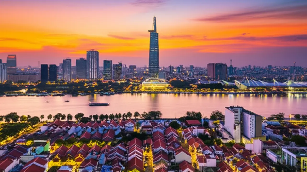 Panorama urbano de Ho Chi Minh City com a Torre Bitexco ao pôr do sol.