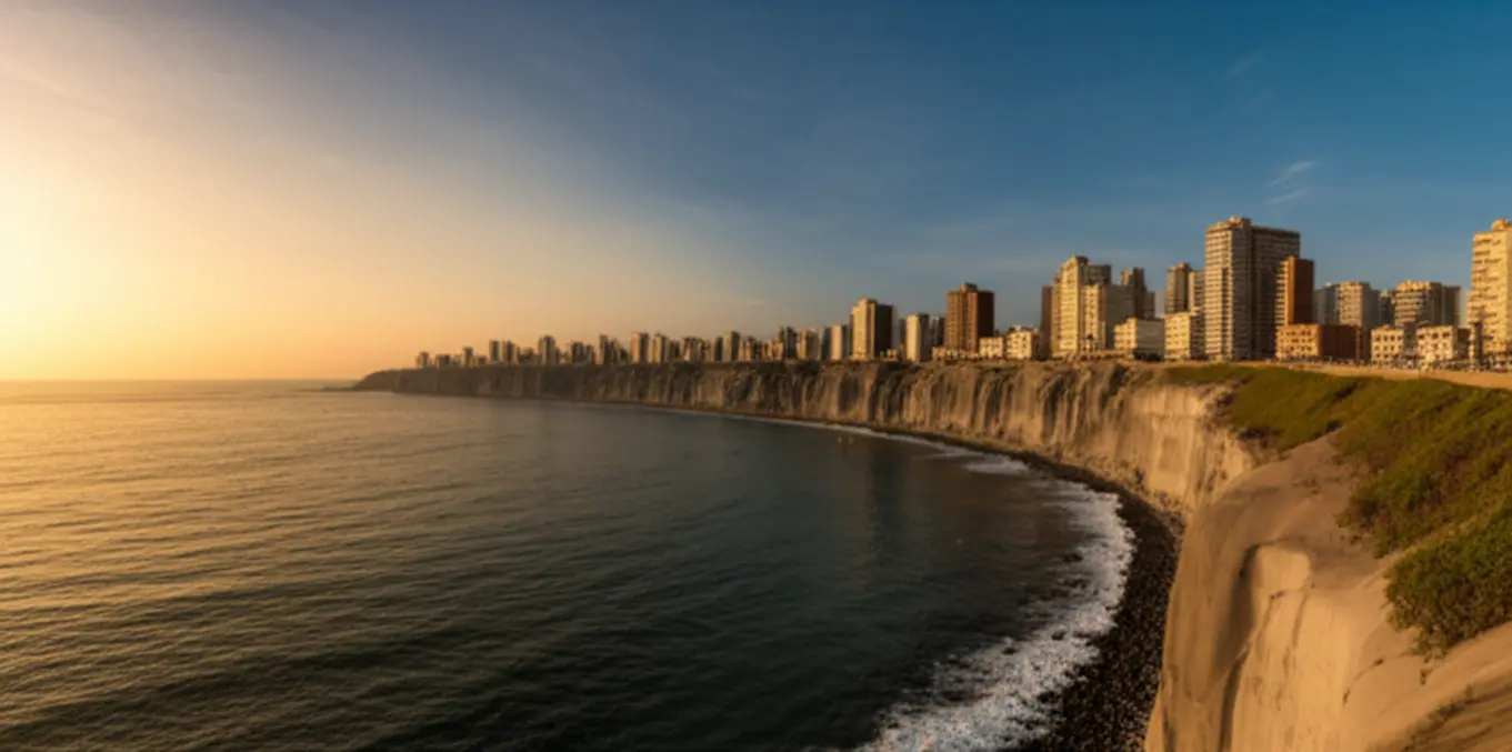 Vista panorâmica das falésias de Miraflores em Lima, Peru, durante o pôr do sol.