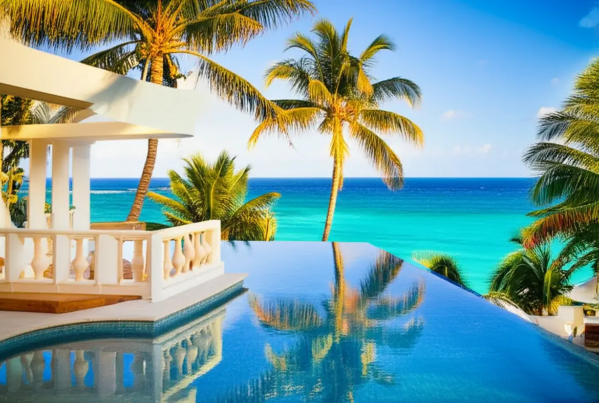 Piscina de borda infinita de um resort de luxo com vista para o mar das Bahamas.