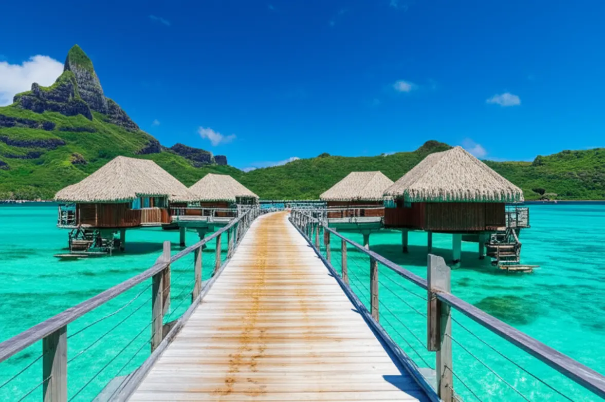 Bangalôs sobre as águas em um resort de luxo na Polinésia.