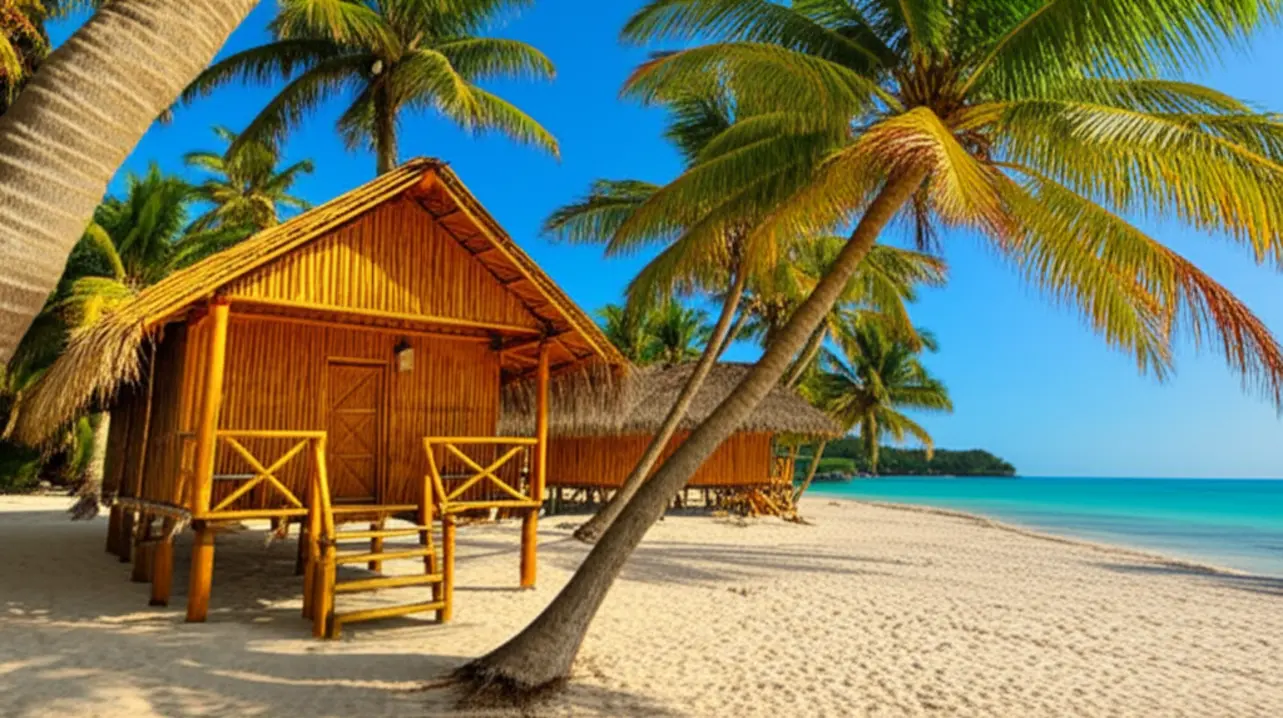 Cabanas rústicas de bambu na areia branca de uma ilha em San Blas.