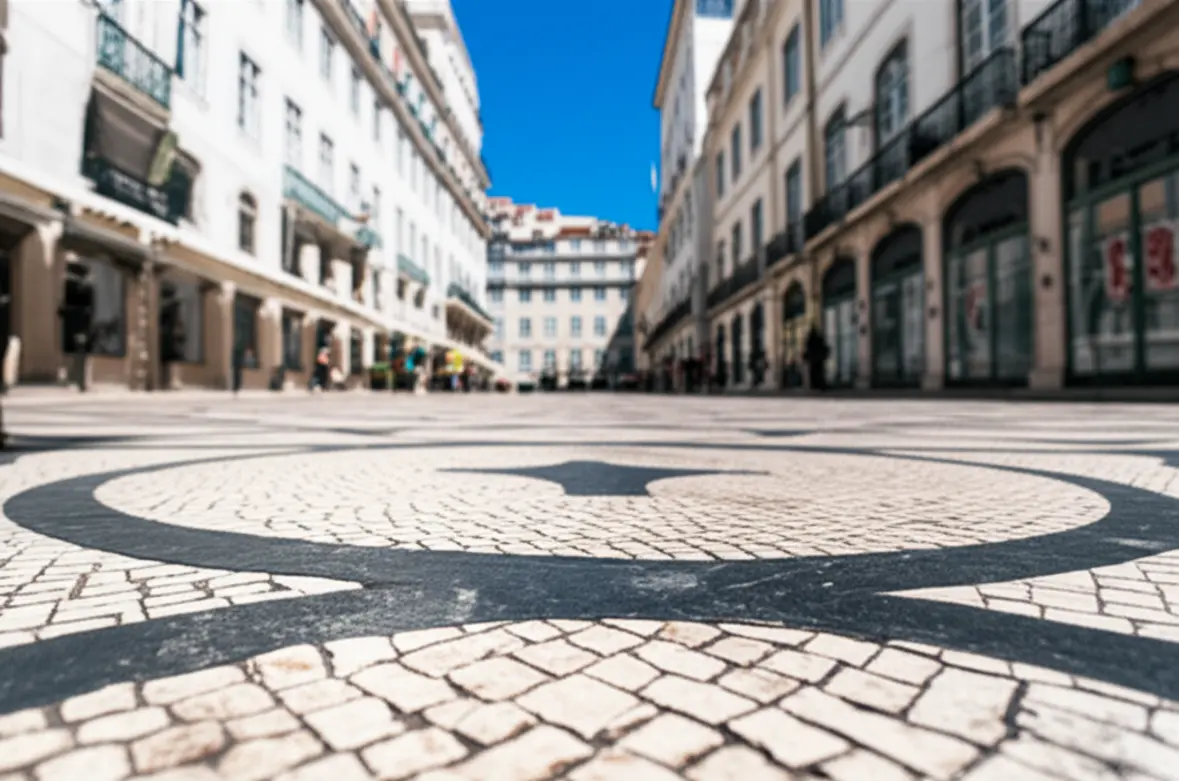 Detalhe de calçada portuguesa tradicional em Lisboa com pessoas caminhando ao fundo.