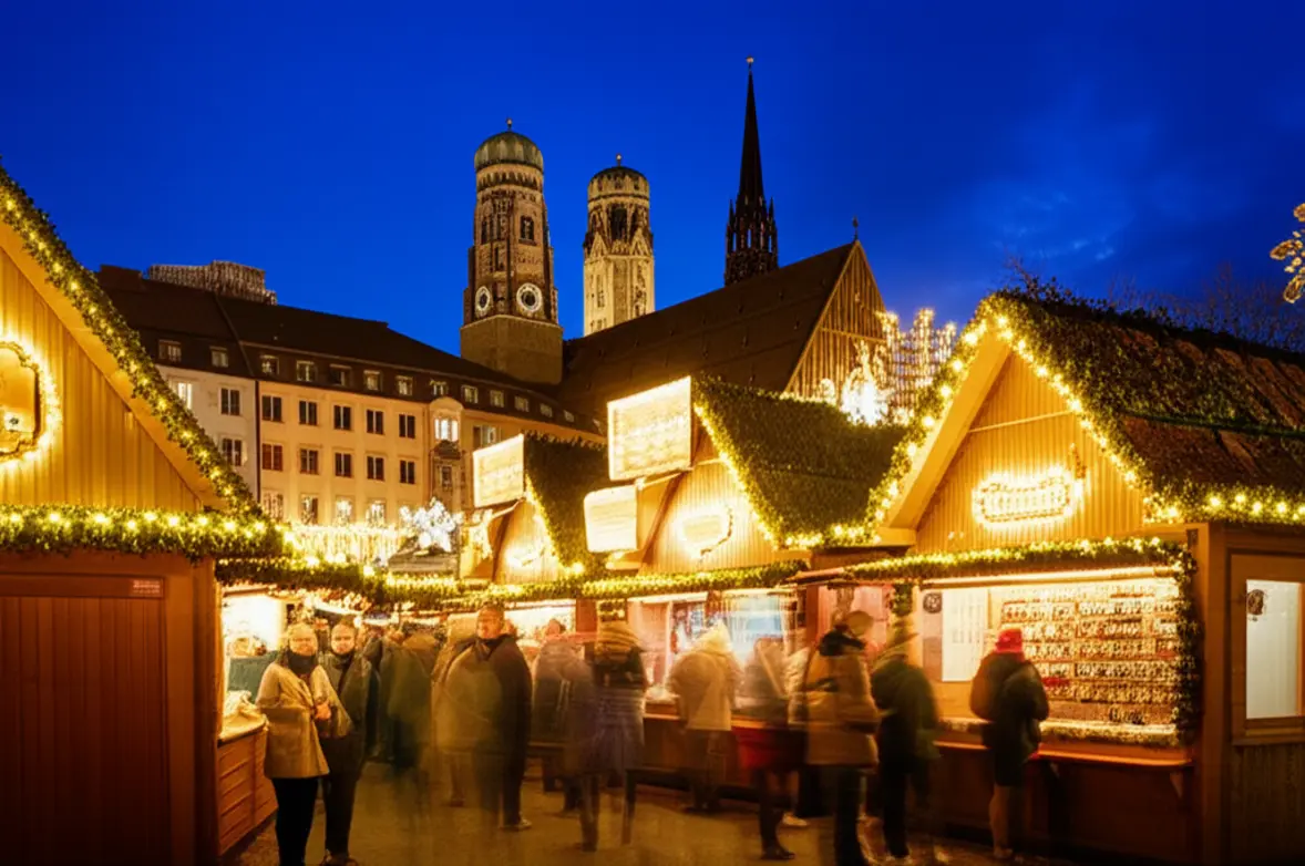 Mercado de Natal tradicional em Munique com luzes e decorações de inverno.