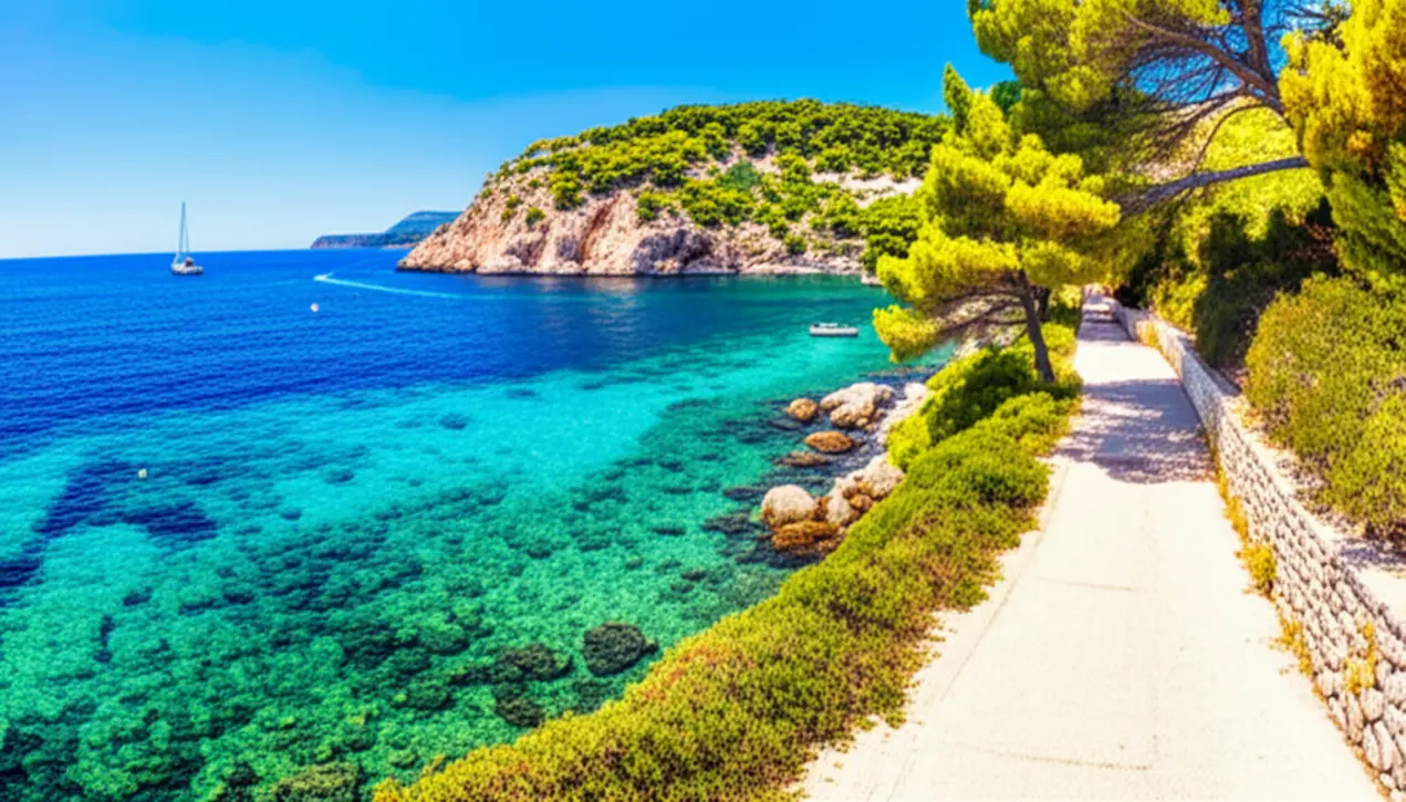 Praia e calçadão no bairro de Lapad, Dubrovnik, mostrando a infraestrutura turística.