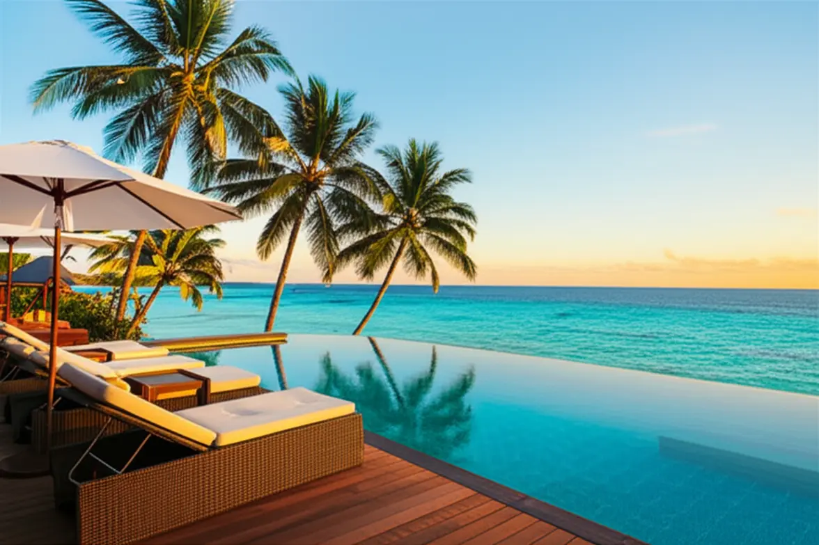 Um resort de luxo à beira-mar na Ilha Maurício durante o pôr do sol dourado.