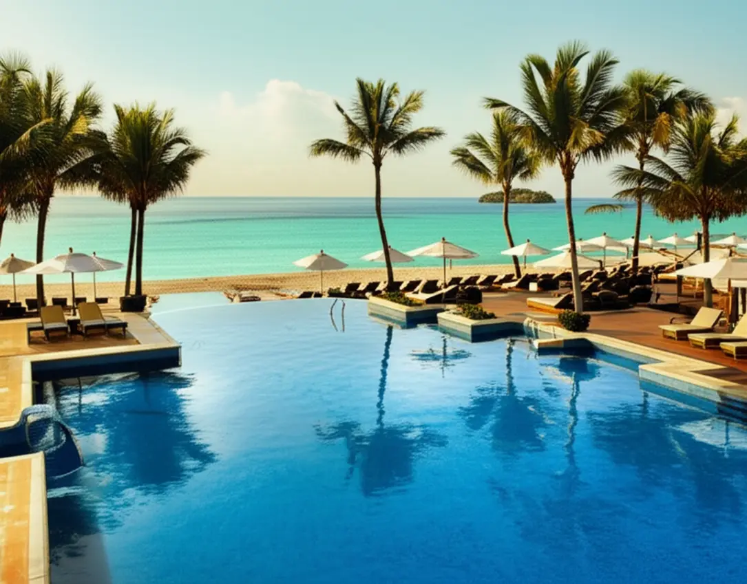 Resort de luxo em Montego Bay com vista para o mar do Caribe ao pôr do sol.