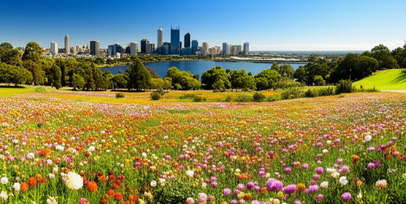 Flores silvestres coloridas desabrochando no Kings Park com a cidade de Perth ao fundo.