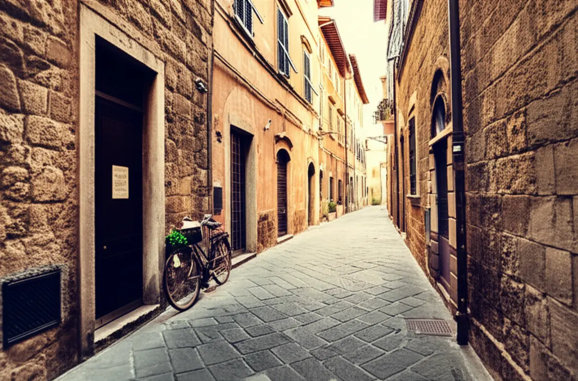 Rua estreita de paralelepípedos com casas históricas e uma bicicleta em Florença.