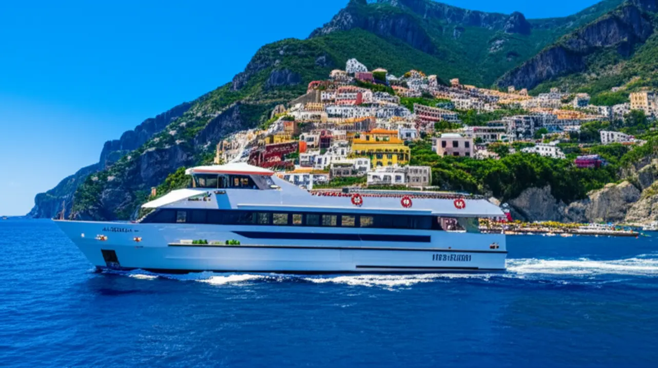 Balsa branca navegando nas águas cristalinas em direção ao porto de Amalfi.