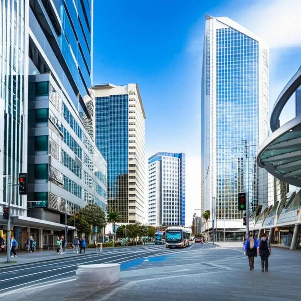 Rua moderna no centro de Auckland com prédios de vidro e transporte público.