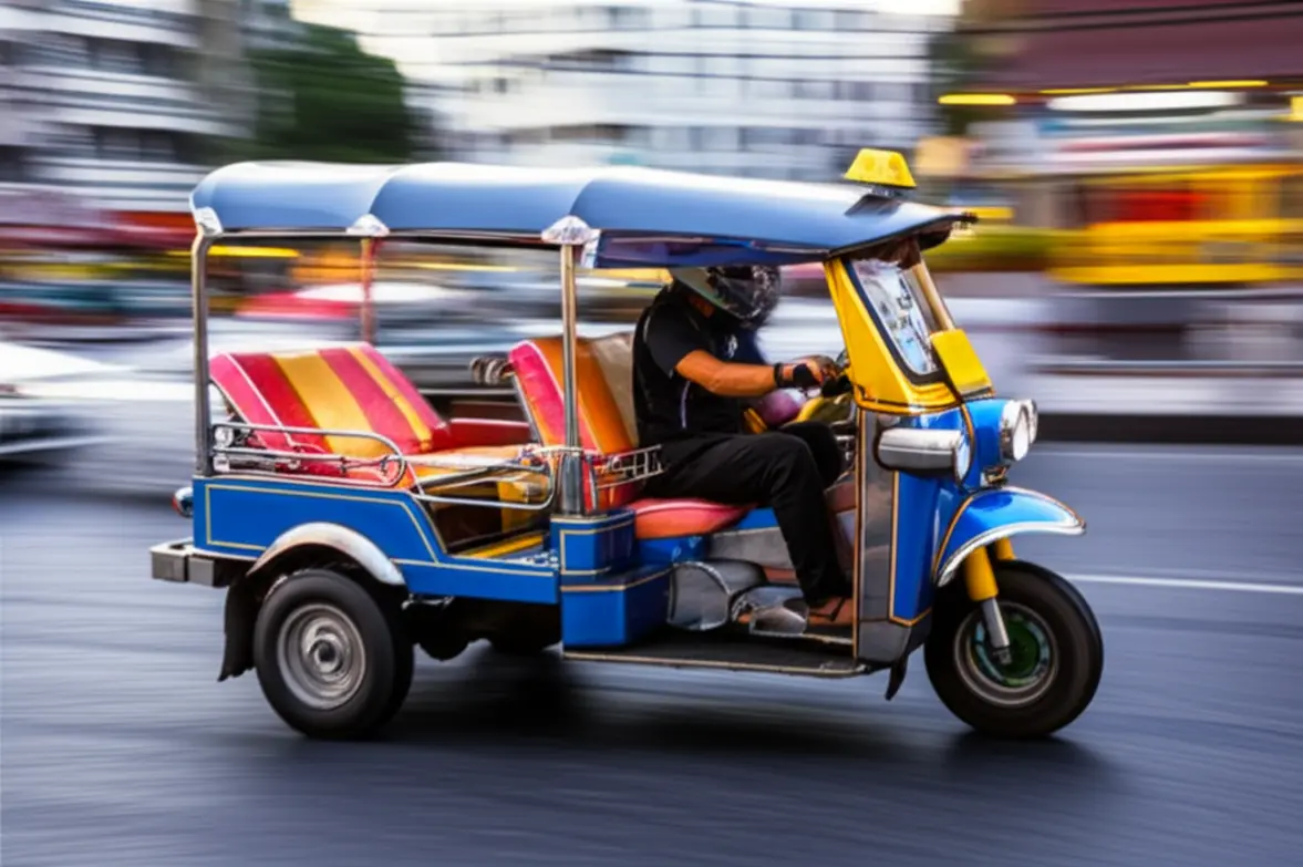 Um tradicional tuk-tuk tailandês azul e amarelo em movimento pelas ruas de Bangkok.