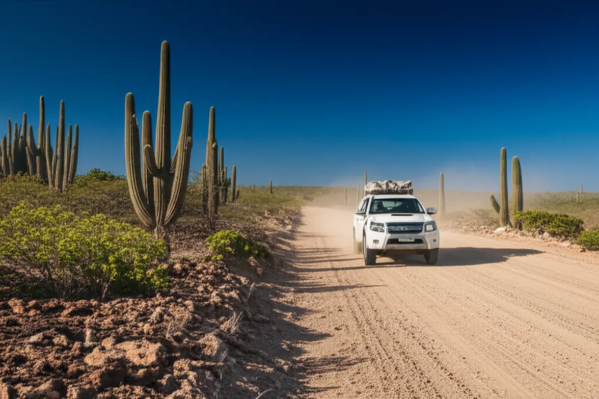 Uma caminhonete pickup branca em uma estrada de terra no Parque Nacional Washington Slagbaai.