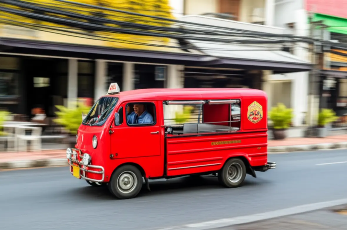 Songthaew vermelho circulando pelas ruas modernas do bairro de Nimmanhaemin em Chiang Mai.
