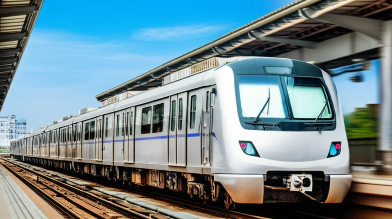 Estação moderna do metrô de Nova Déli com trem em movimento.