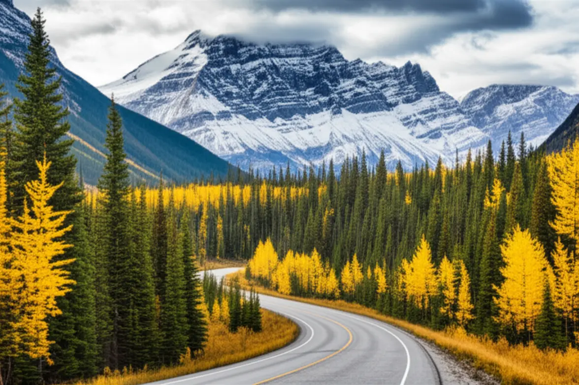 Estrada cênica Icefields Parkway cercada por florestas e picos nevados no Canadá.