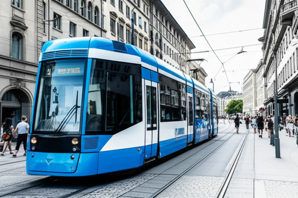 Um clássico bonde azul e branco de Zurique circulando por uma rua limpa e organizada.
