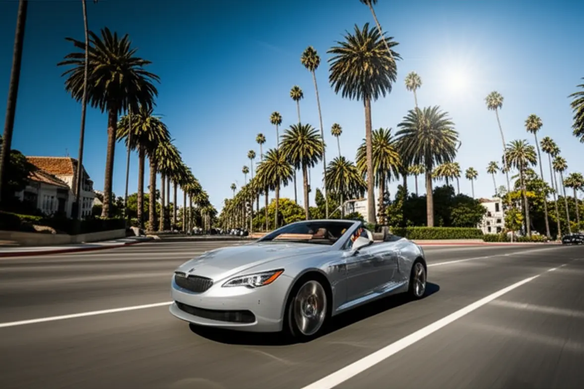 Carro conversível em uma rua de Beverly Hills com palmeiras.