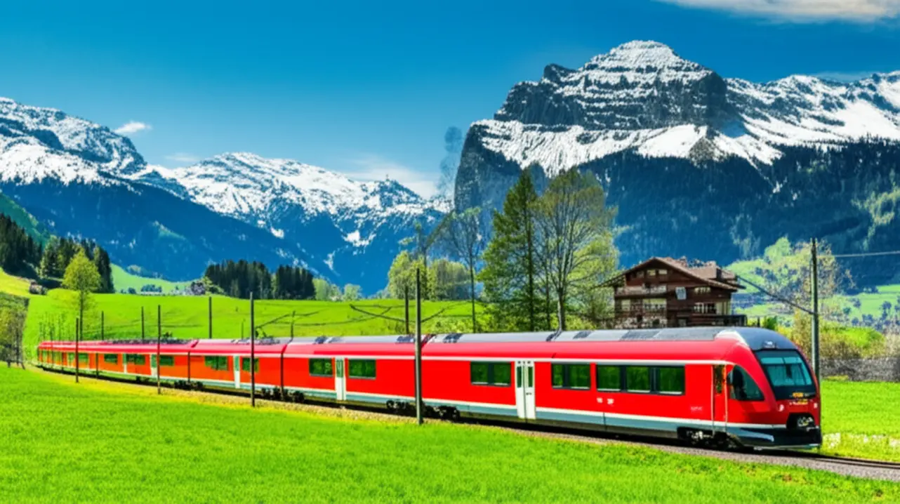 Trem panorâmico suíço atravessando uma paisagem alpina próxima a Lucerna.