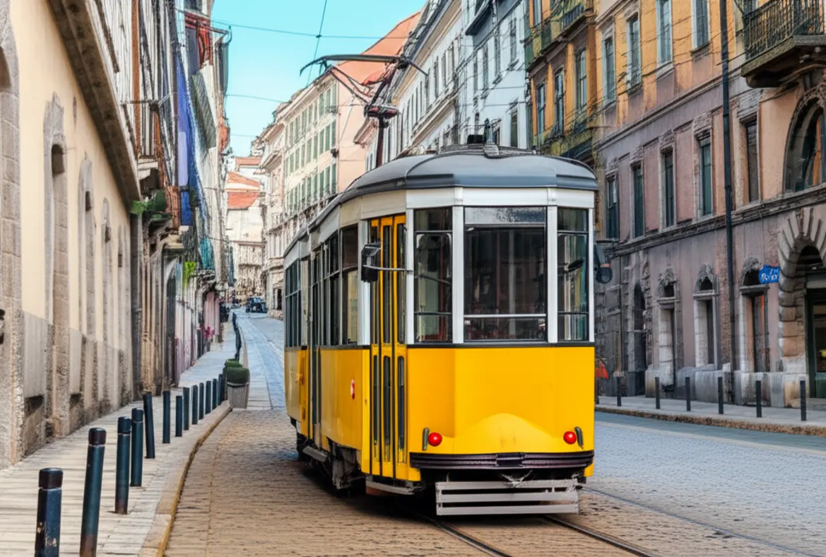 Bonde histórico amarelo circulando pelas ruas do centro de Milão.