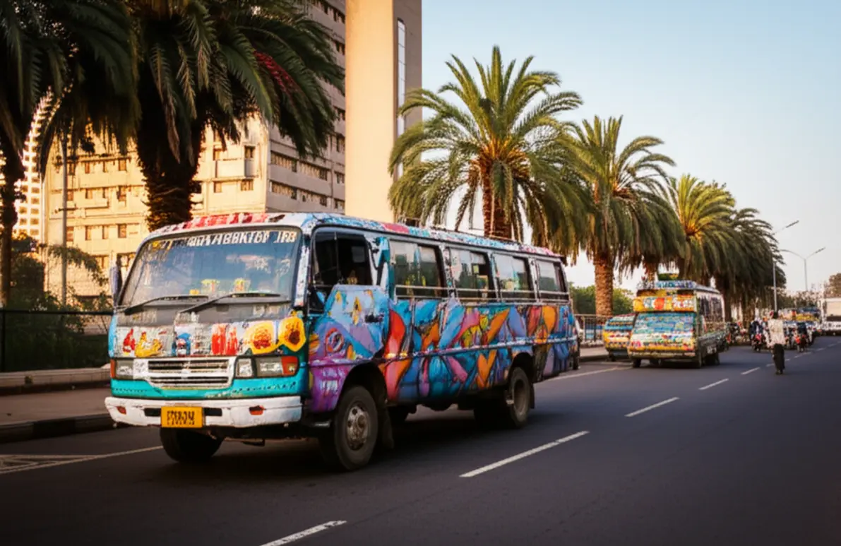 Um ônibus Matatu colorido e decorado circulando em Nairóbi.