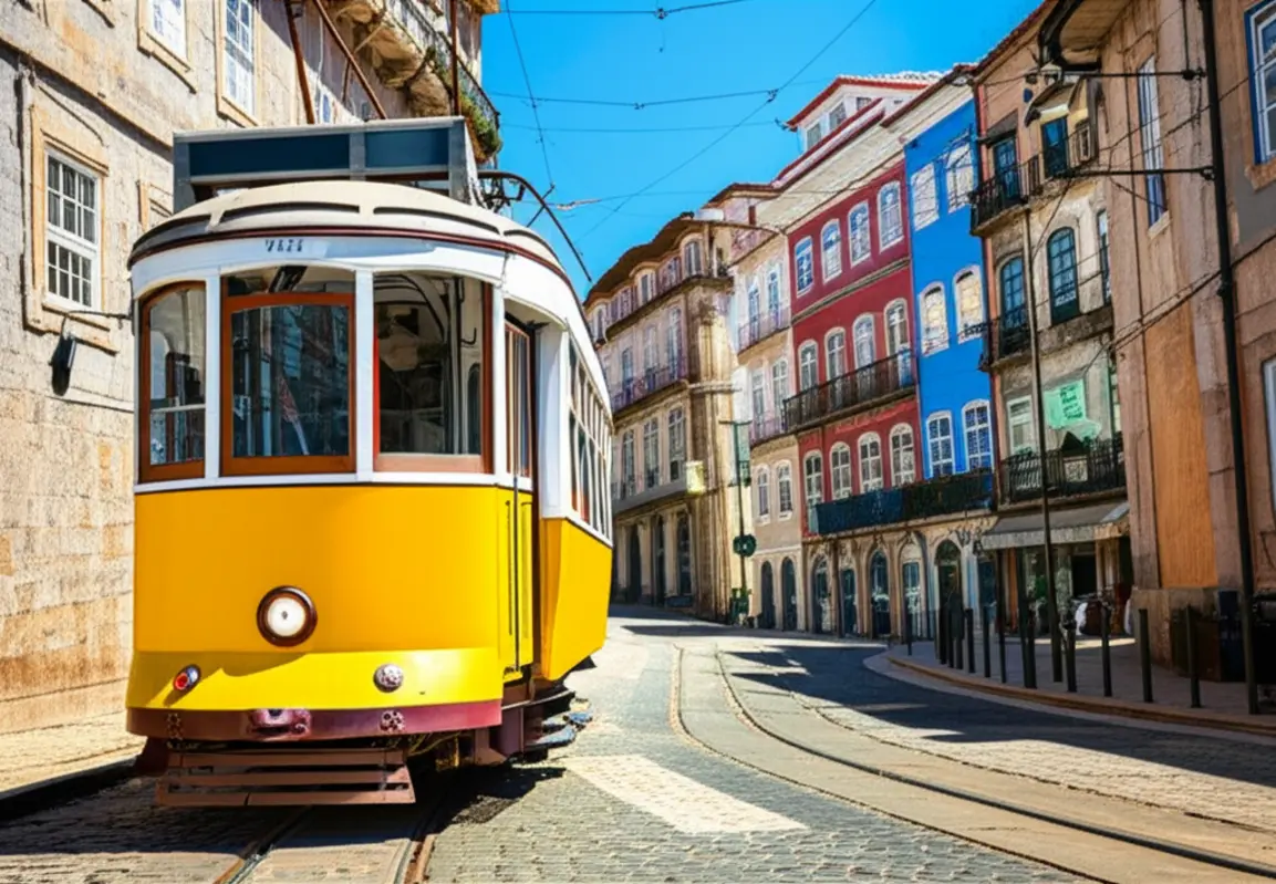 Elétrico histórico de cor amarela circulando pelas ruas do Porto.