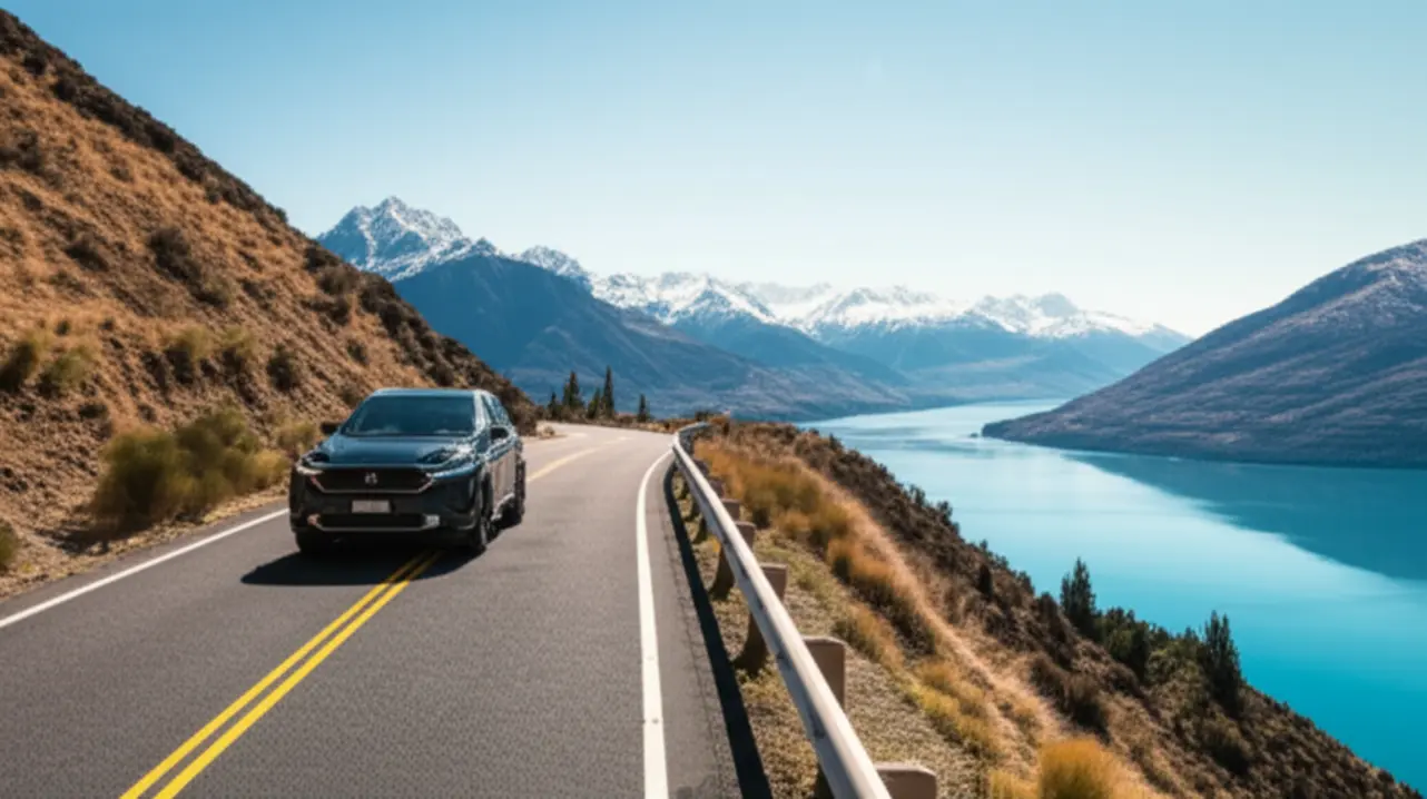 Estrada cênica sinuosa margeando o Lago Wakatipu com montanhas ao fundo sob um céu limpo.
