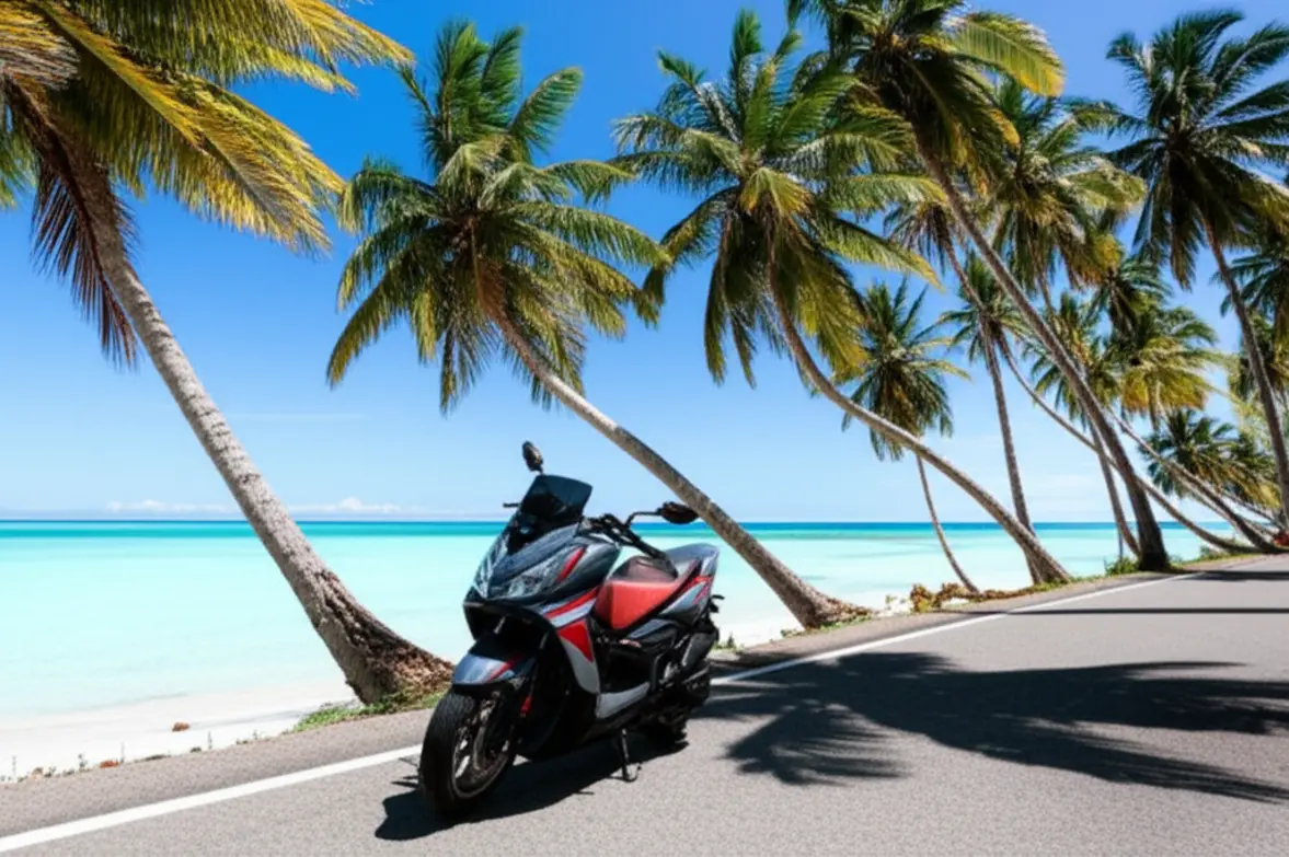 Scooter estacionada em uma estrada costeira com palmeiras em Rarotonga.