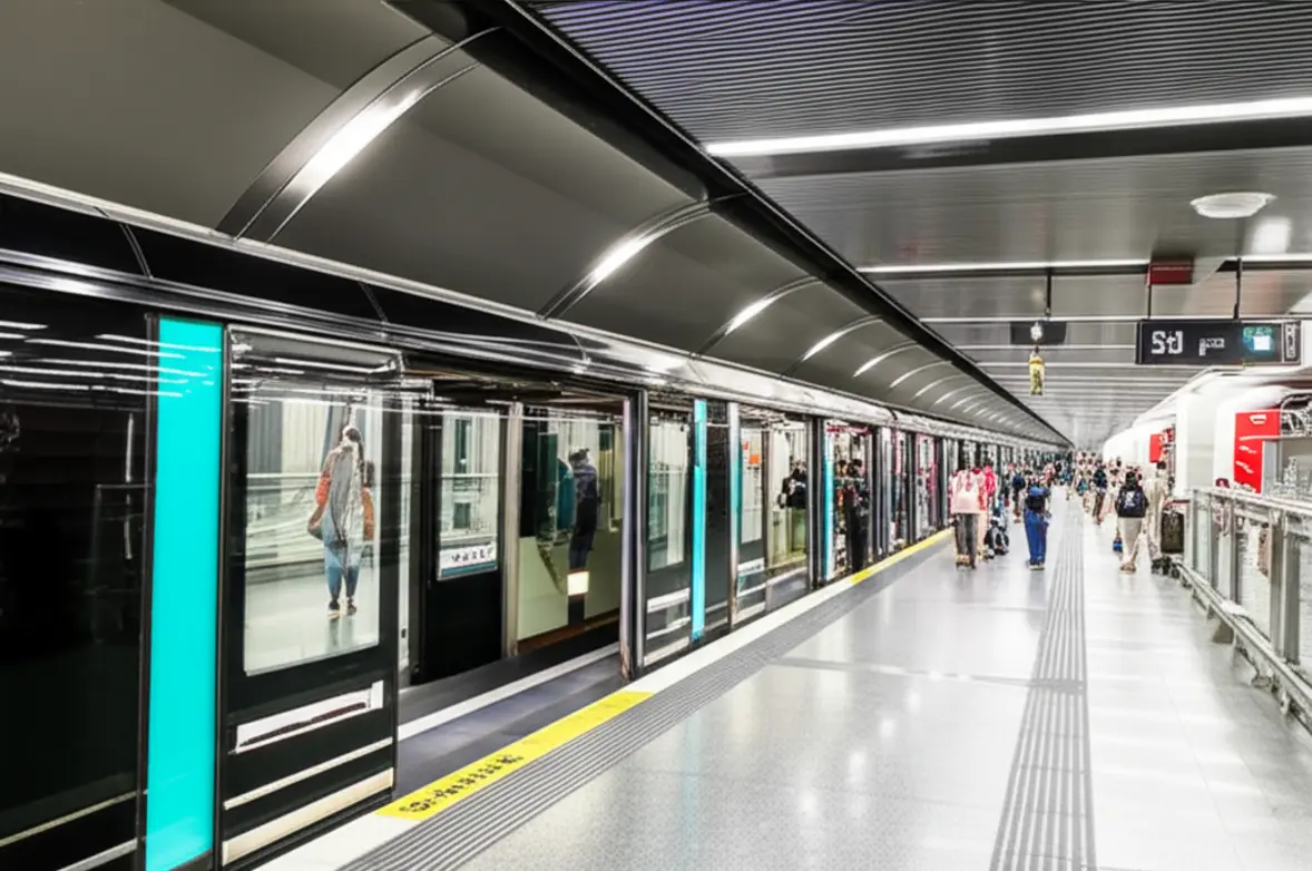 Plataforma de metrô moderna, limpa e tecnológica em Singapura.