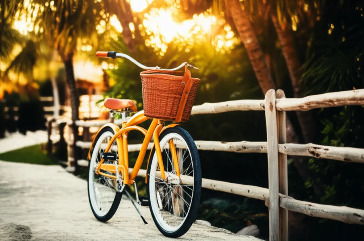 Bicicleta de estilo praiano estacionada em uma ciclovia em Tulum.