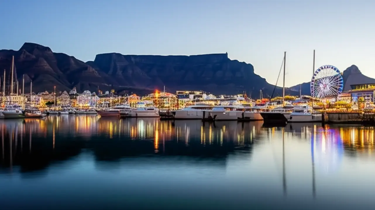 Vista aérea do V&A Waterfront com a roda gigante e barcos no porto.