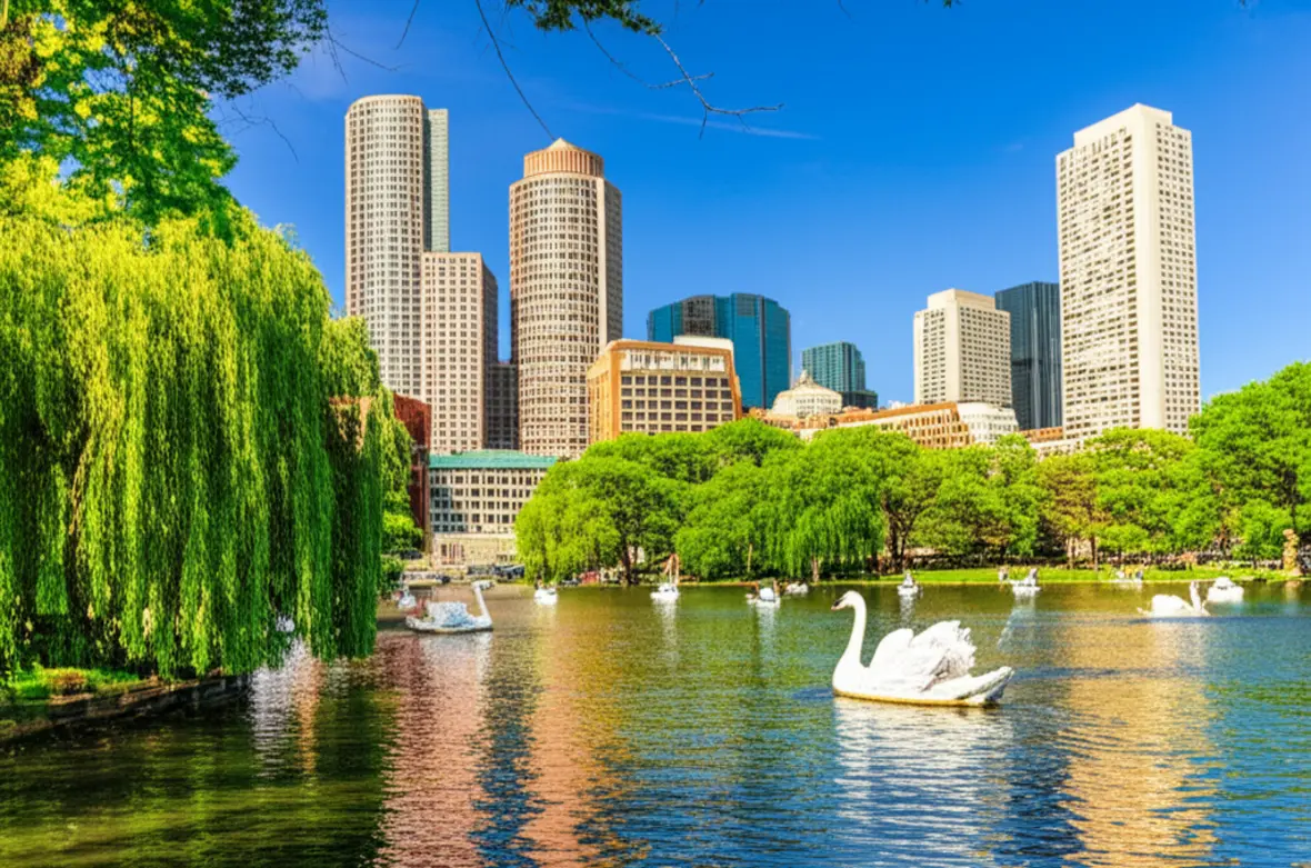 O parque Boston Public Garden com barcos de cisne e o horizonte de Back Bay.