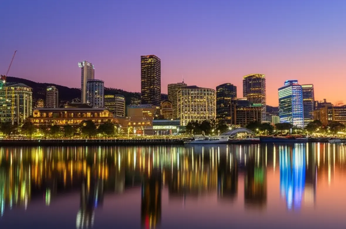 Vista aérea do porto de Hobart e do CBD ao entardecer com luzes da cidade acesas.