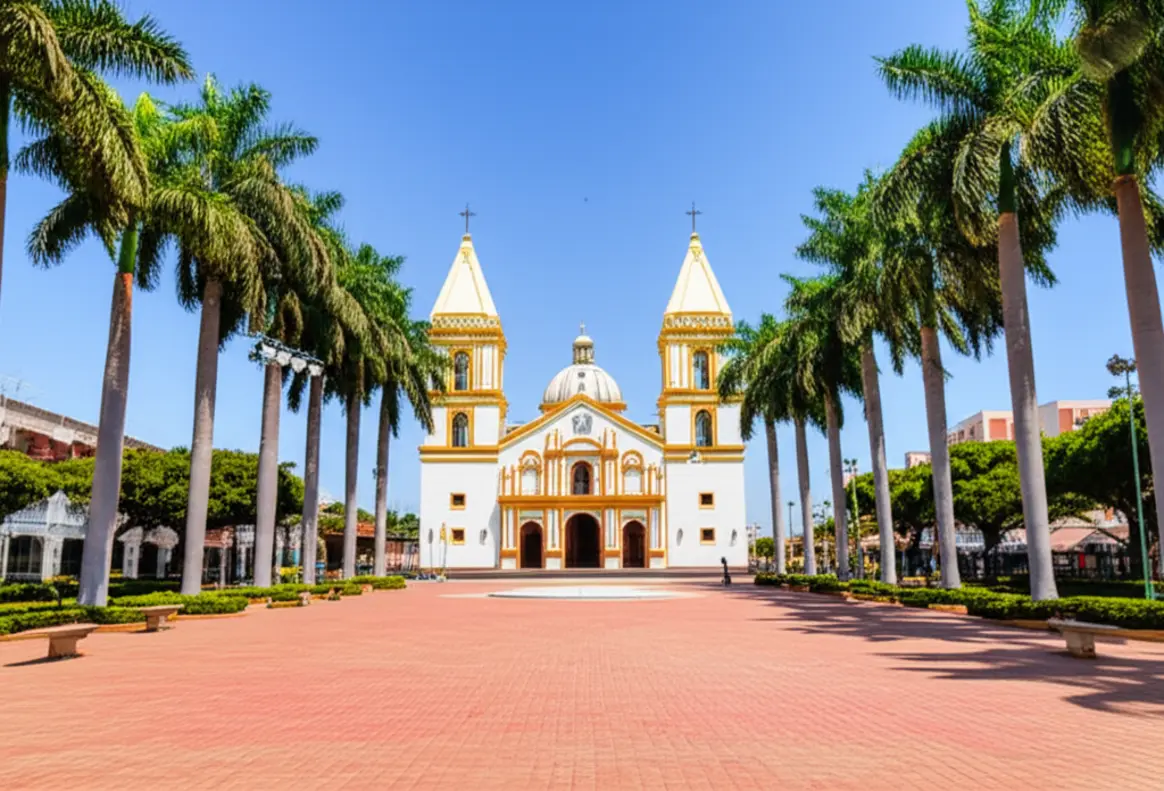 Vista panorâmica da Catedral de San Lorenzo e Plaza 24 de Septiembre em Santa Cruz de la Sierra.