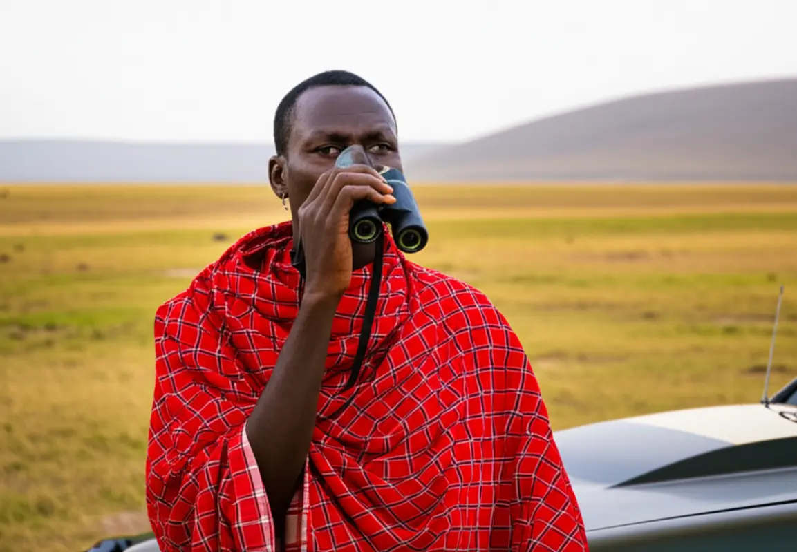 Guia de safári Maasai com binóculos observando o horizonte próximo a um jipe 4x4.